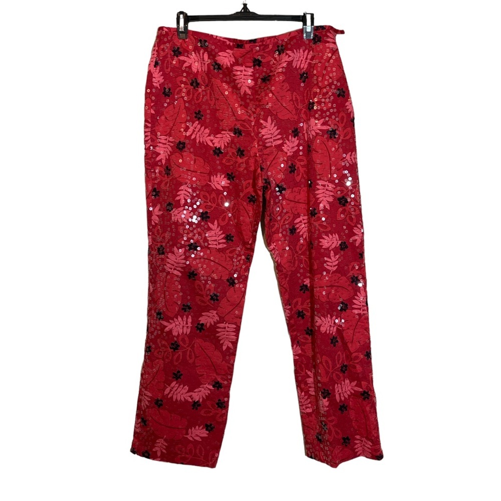 DStudio Bright Red Floral Slacks Pants With Sparkly Sequins Flat Front Size 14